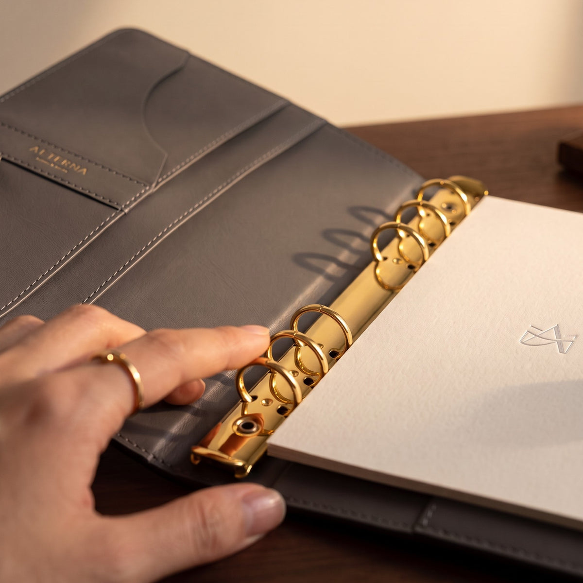 Close-up of the Noir Binder's 20mm gold six-ring mechanism.