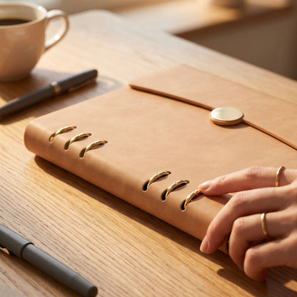 Close-up of six 20mm gold rings on Champagne suede leather binder,  luxury A5 planner by Lumen Stationery